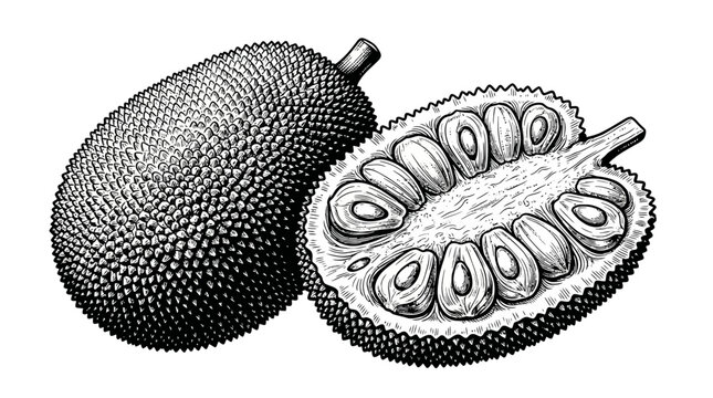 Jackfruit whole and halved displays its textured rind and inner pods to highlight the unique characteristics of this tropical fruit for educational or culinary nutritional resource materials.