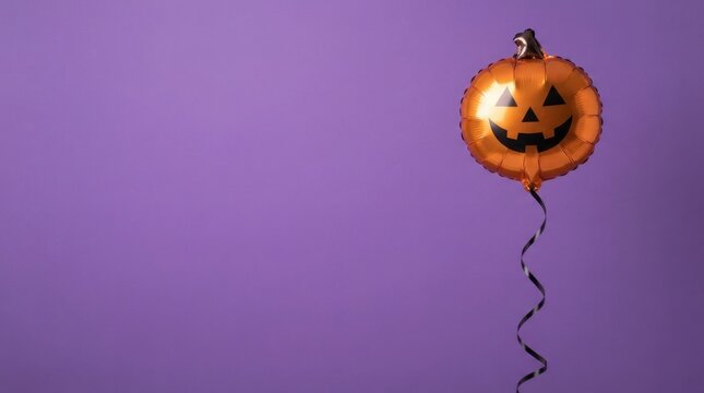 Pumpkin balloon floating on purple background studio shot