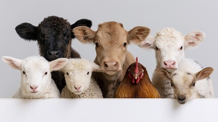 Fototapeta premium The Curious Sheep and Rooster Peering Over a White Fence