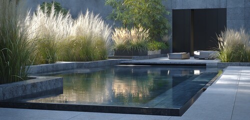 Fototapeta premium swimming pool at the bank of the luxurious beach glass platted with sierra blue water abstract backgroiund 