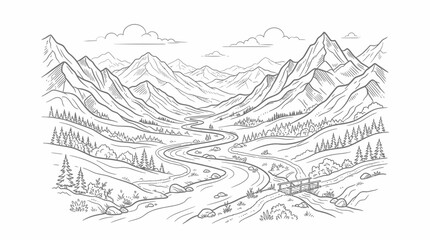 Obraz premium Mountain valley landscape featuring a winding river, pine trees, distant peaks, and a small wooden bridge in a detailed line art coloring book style.