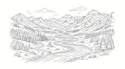 Fototapeta premium Mountain valley with a winding river and pine forest is illustrated in a detailed black and white line drawing style.