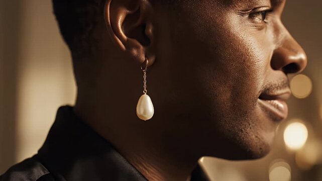 Close-up of a Black person's face wearing a dangling pearl earring with bokeh background, elegant jewelry
