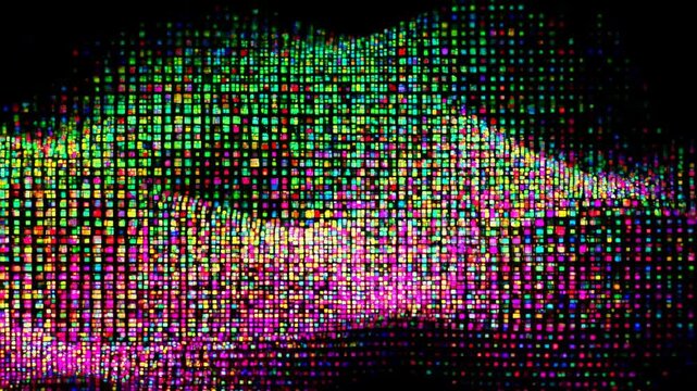 Vivid color mosaic grid with shimmering brightness changes across dense square tiles, scattered yellow, cyan, and white highlights creating energetic abstract motion and modern visual texture