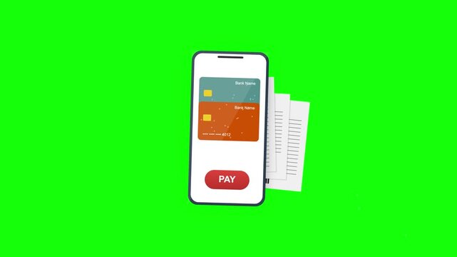 Mobile payment app with credit card and pay button on green screen