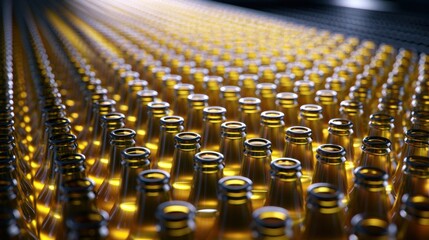 Obraz premium Rows of amber glass bottles neatly arranged in a production line illuminated by warm lighting in a factory setting