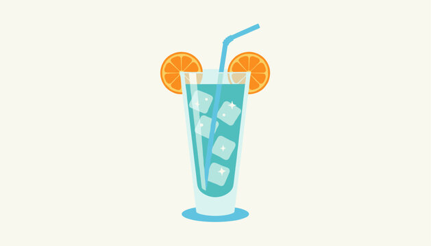 Refreshing cold blue cocktail served in a tall glass with ice cubes, orange slices, and a straw on a light-colored surface.