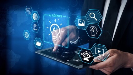 Obraz premium Businessman Interacting with Digital Tablet Displaying AI Technology Graphics and Icons for Future Innovations and Smart Solutions Gluon.