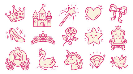 Collection of cute pink fairytale icons including a castle, crown, wand, and carriage. © Clara