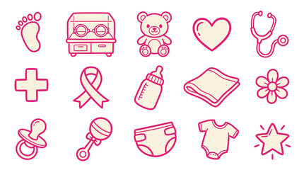 Obraz premium Collection of cute baby care icons in pink and beige, representing newborn essentials and medical symbols.