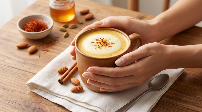Saffron and Almond Latte &ndash; Golden Milk Beverage with Cardamom, Honey and Cinnamon