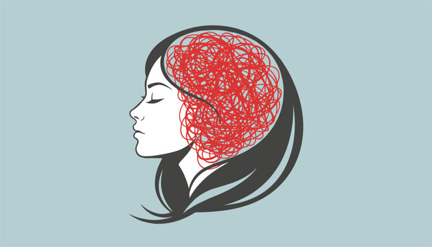 Profile silhouette of a woman with a chaotic scribbled red brain, representing mental health, stress, and inner emotional turmoil.