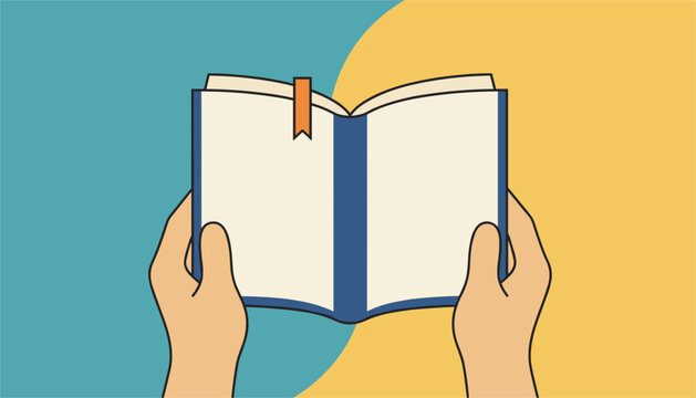 Hands holding an open book with a bookmark, representing a moment of reading, learning, or quiet study in a simple graphic style.