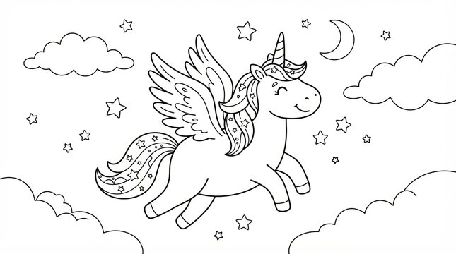 Cute flying unicorn with wings in the night sky coloring page for kids