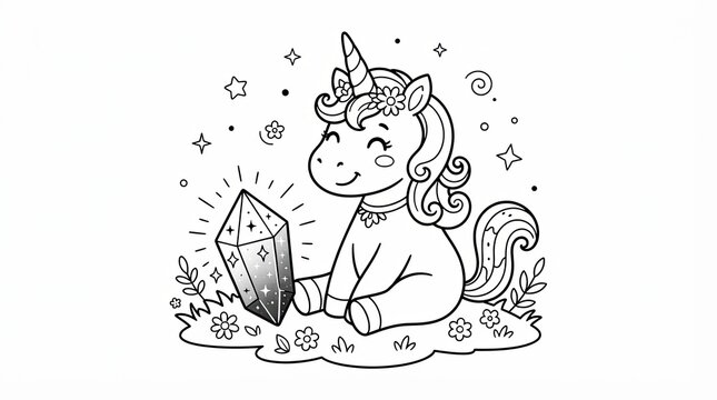 Cute cartoon unicorn sitting with a magical crystal for coloring page