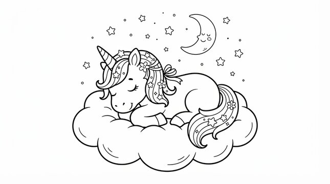 Cute unicorn sleeping on a fluffy cloud with moon and stars line art