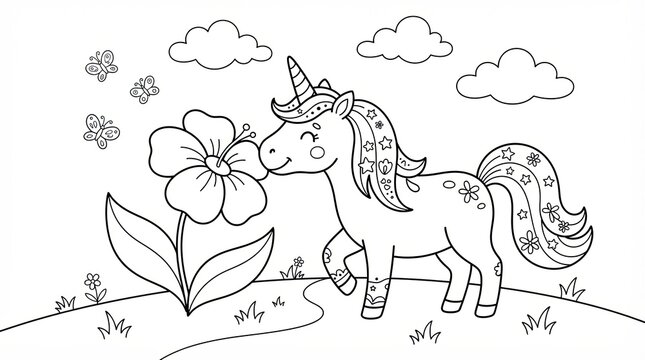 Cute unicorn smelling a large flower in a garden coloring page design