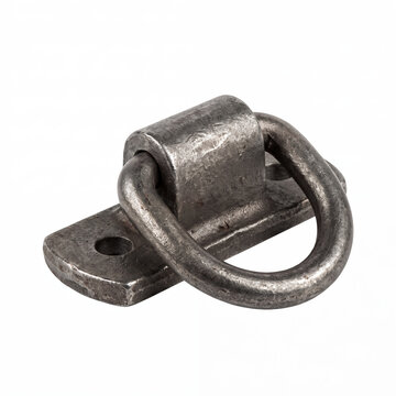 Generic heavy-duty forged steel D-ring roof anchor bracket isolated on white.