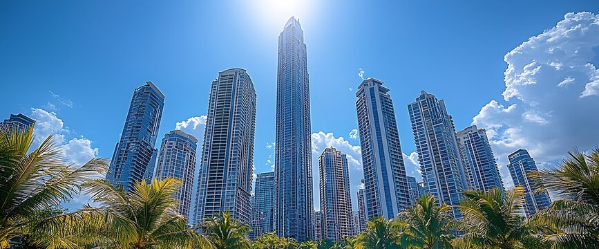 Skyscrapers rise, sun shines, palm trees frame, city view