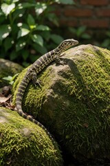 Obraz premium Juvenile Asian water monitor lizard rests on mossy rock. Its patterned body is black and yellow. Background shows green foliage and brick wall. Reptile poses in natural habitat.