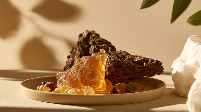 Amber resin piece and bark fragment on ceramic dish, studio banner with soft background, natural wellness and&hellip;
