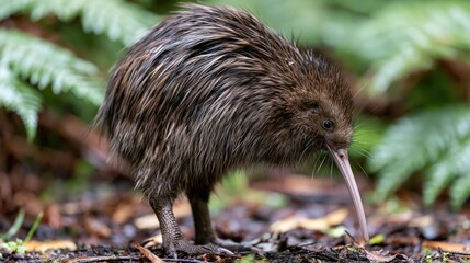 Obraz premium The Brown Kiwi in Rainforest Floor With Long Beak and Fuzzy Feathers