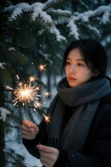 Obraz premium Young woman holds lit sparkler in snowy pine forest. Female enjoys glowing firework light. Winter celebration glow sparks, creating magical atmosphere.