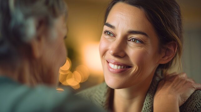 Realistic documentary-style healthcare portrait showing a compassionate caregiver smiling softly toward an elderly patient while gently supporting their shoulder, close-up focus on the human 