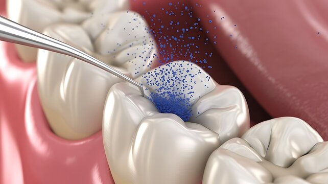 Close up of a dental procedure showing a metal tool applying blue fluoride treatment to a human molar tooth in a realistic 3d medical render