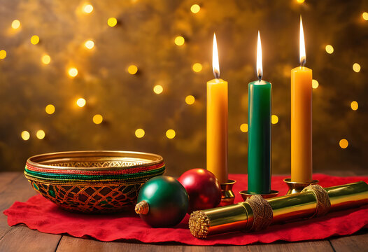 Kwanzaa celebration with three lit candles, kinara, mishumaa saba, and kikombe cha umoja on a red cloth