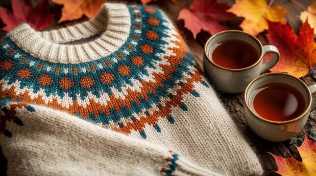 Cozy knitted sweater with fair isle pattern rests beside two cups of tea in fall leaves. Warm autumn scene evokes comfort and relaxation, perfect for seasonal promotions.