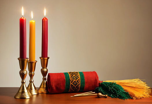 Three lit candles in red and yellow with a kinara and mkeka on a wooden table, Kwanzaa celebration concept, Seven principles of Kwanzaa and African American heritage