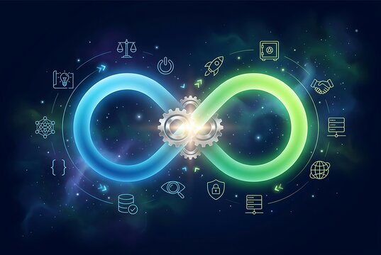 DevOps infinity loop with gears and icons representing software development lifecycle, operations, coding, deployment, and monitoring.