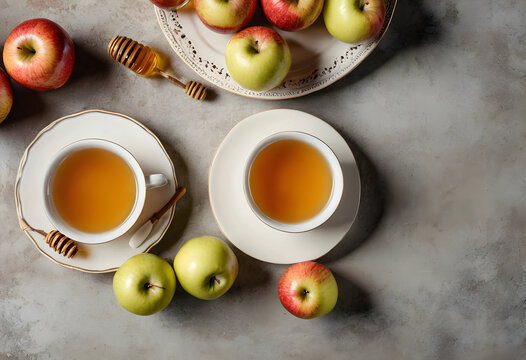 Overhead view of two cups of tea with honey dippers and fresh apples on a textured gray background, the items are arranged on a textured gray surface, creating a rustic and inviting still life