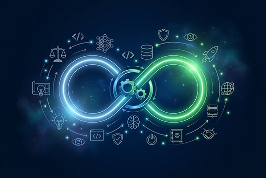 DevOps infinity loop with gears and icons representing software development lifecycle, operations, coding, deployment, and monitoring.