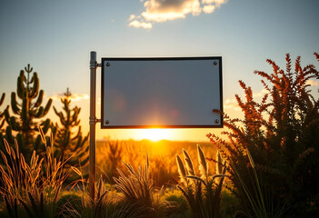 Obraz premium Blank outdoor sign with copy space at sunset, surrounded by golden hour light and natural foliage, for advertising and information