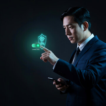 Cyber Security Master: A sharp businessman in a suit interacts with a futuristic holographic display showcasing VPN connection status and a shield icon, signifying secure data protection.