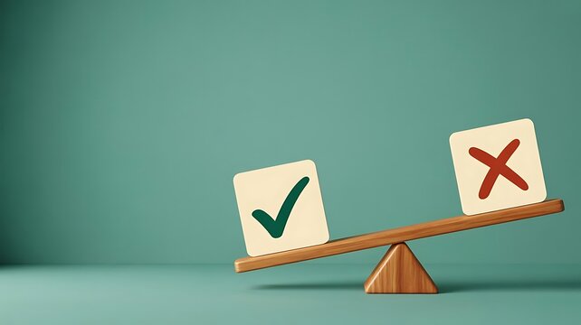 Conceptual wooden seesaw balancing green checkmark and red x symbol on teal background, representing decision making, and choosing between options