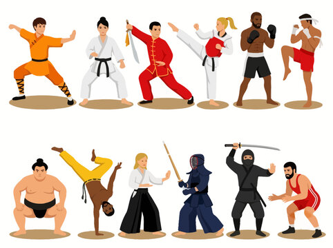 Martial Arts Characters Set: Karate, Kung Fu, Boxing, Sumo, and Ninja Fighters