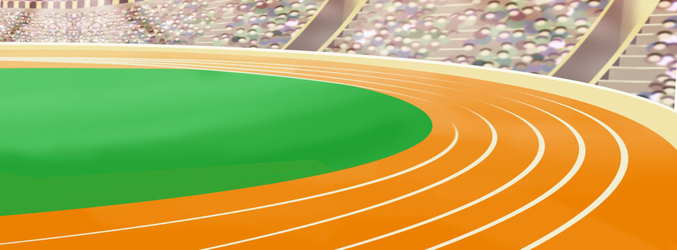 Athletic track and field background featuring curved running lanes and stadium tribune stands