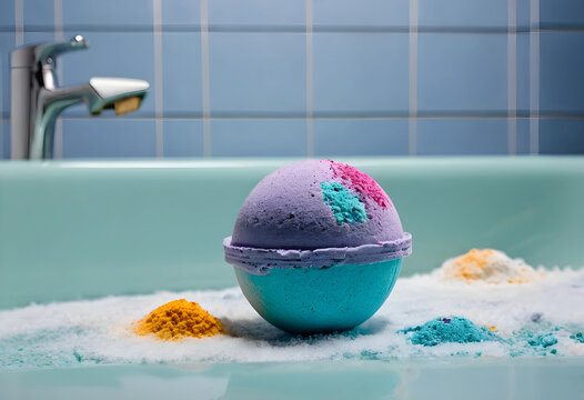 Colorful bath bomb with purple, pink, and teal hues dissolving in a bathtub with foam and powder