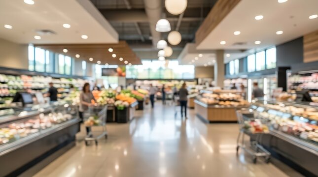 abstract blurred wide angle view of a bright modern supermarket interior featuring produce aisles, glass display cases, and shopping carts.