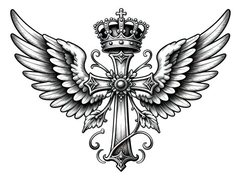 Ornate cross with wings and jeweled crown