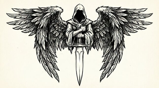Hooded angel figure with sword wings