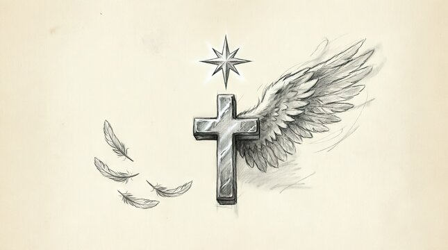 Metal cross with single wing and falling feathers