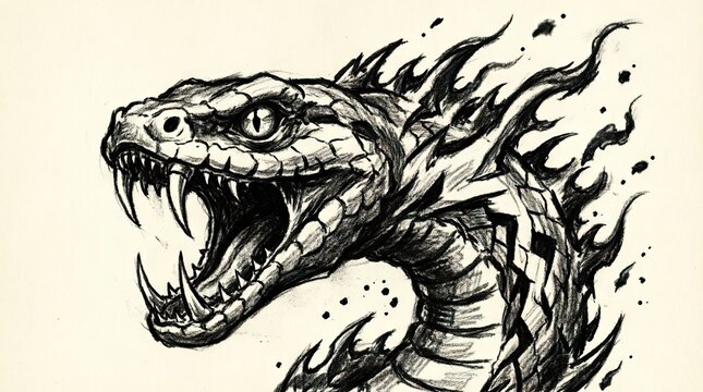 Fierce snake head with open mouth and flames