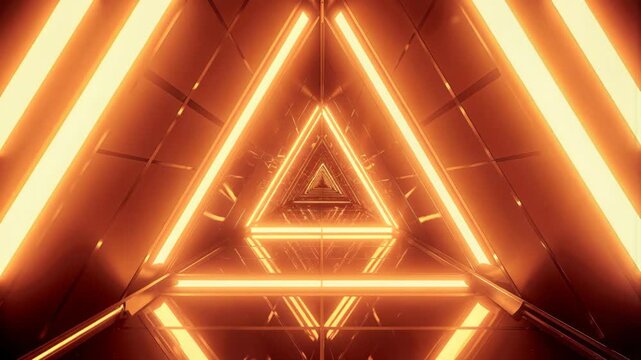 Entering long geometric tunnel with repeating triangular shapes and glowing gold lights creating symmetrical endless passage.