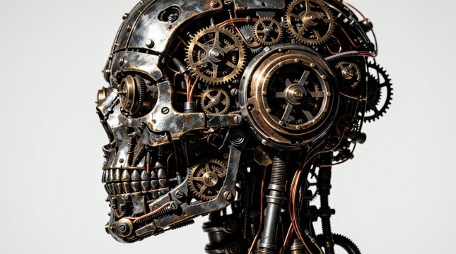 Intricate steampunk robot head sculpture built with scrap metal gears wires and pipes. Mechanical automaton face shows old construction detail isolated on light background. Vintage industrial art.