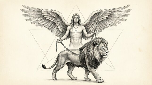 Winged humanoid figure with lion and star