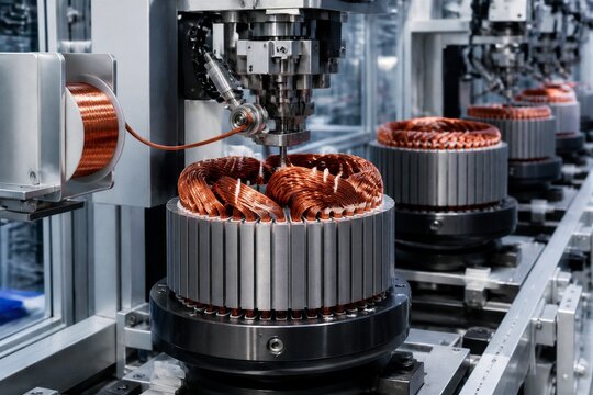 Copper coil winding on electric motor stator assembly line